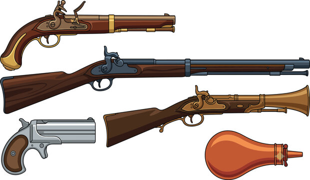 Cartoon vector set of vintage antique firearms including flintlock pistol, musket, blunderbuss, and powder flask