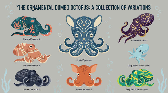 The ornamental dumbo octopus collection featuring various colorful patterns and unique deep sea cephalopod designs