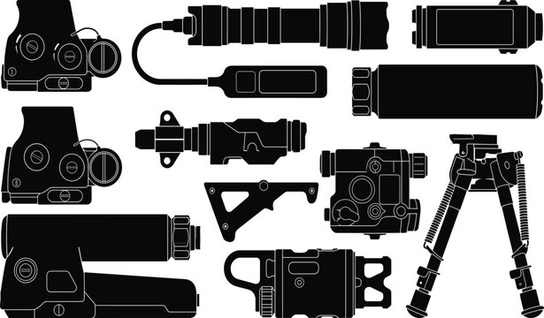 Black silhouette vector set of tactical weapon accessories featuring sights, flashlight, bipod, and suppressors