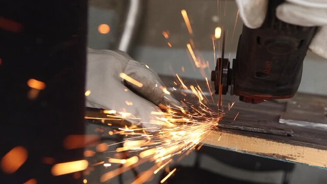 Dynamic golden sparks flying against dark background in industrial metalworking