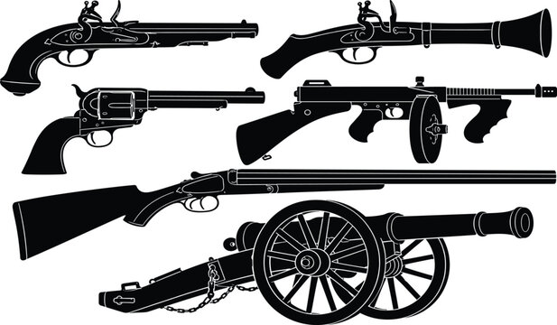 Black silhouette vector set of vintage historical weapons featuring pistols, shotgun, submachine gun, and artillery cannon