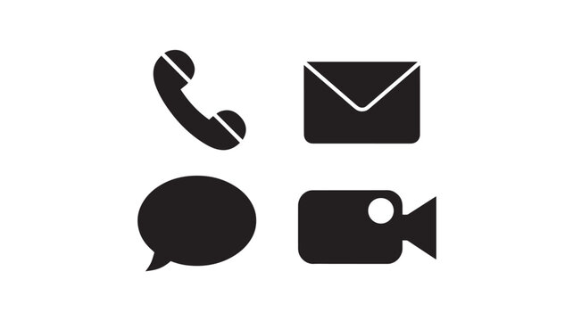 Communication icons featuring a telephone handset, an email envelope, a speech bubble, and a video camera represent various digital contact methods.