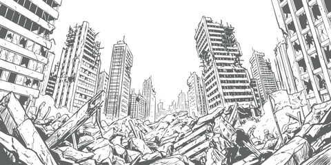 Fototapeta premium Ruined city with destroyed buildings and rubble after a disaster in a black and white sketch art style