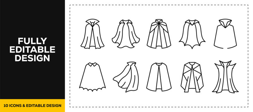 flat vector illustration line art icon bundle set design illustrating halloween costumes spooky capes superhero cloaks vampire mantles and magical wizard clothing UI