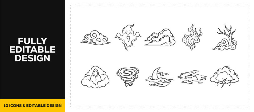 flat vector illustration line art icon bundle set design showcasing weather conditions storm clouds ocean waves tornados wind breezes and natural disaster graphic UI