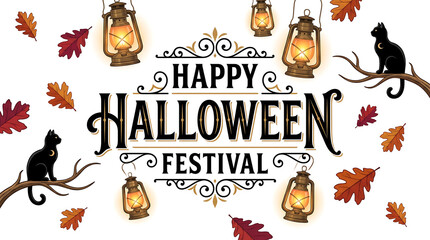 Fototapeta premium Halloween festival text is framed by lanterns and black cats.