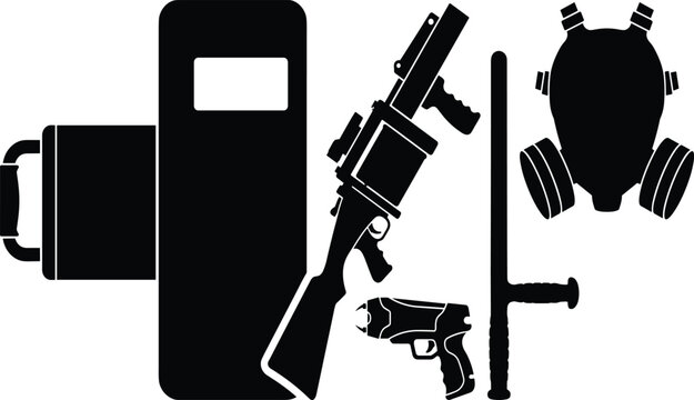 Black silhouette vector set of riot control police equipment including shield, gas mask, baton, and stun gun