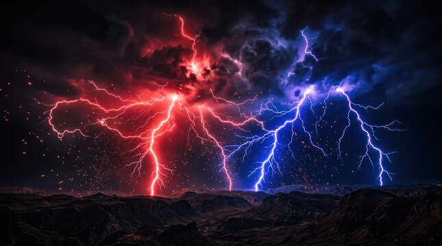 Dramatic Red and Blue Lightning Strikes in a Dark Stormy Sky.