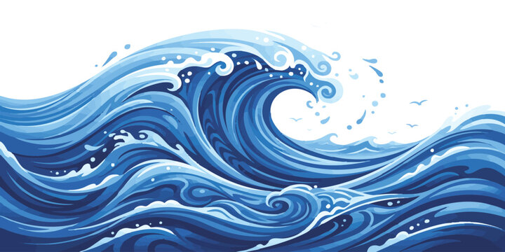 Large blue ocean sea wave crashing with splashing water foam in a stylized artistic vector illustration design