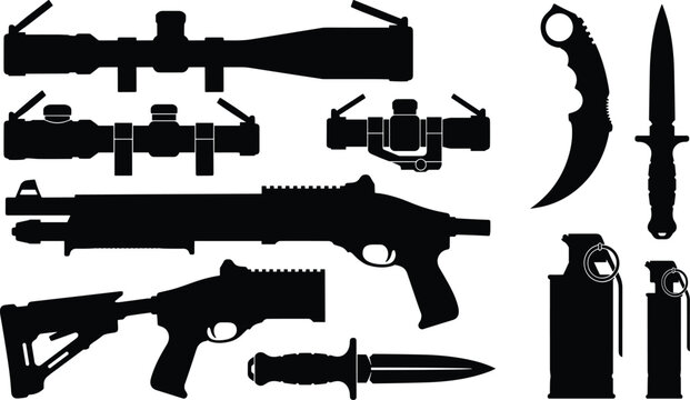 Black silhouette vector set of tactical weapons including shotguns, sniper scopes, combat knives, and grenades