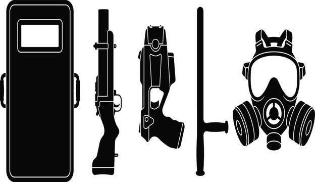 Riot police equipment vector silhouette set with shield, baton, stun gun, and gas mask isolated on white