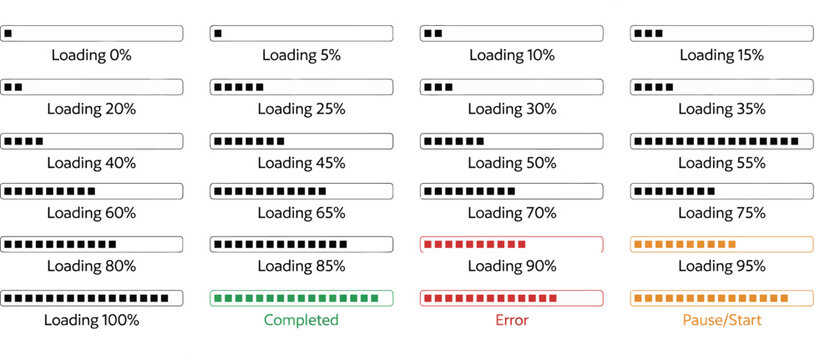 Percentage loading bars and progress data indicators set