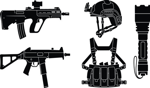 Black silhouette vector set of military tactical weapons, helmet, body armor vest, and flashlight isolated on white