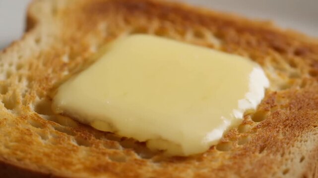 Slow motion close up of butter pat melting and spreading on toasted bread slice on kitchen tabletop in morning breakfast