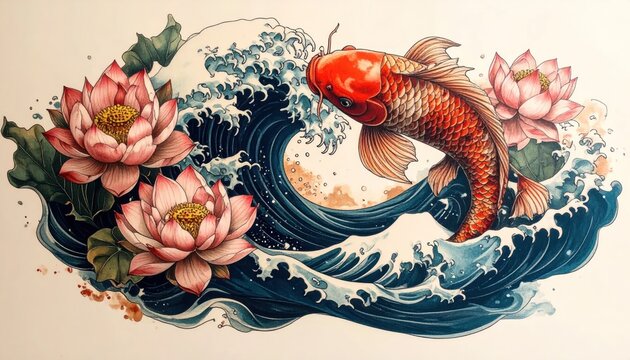 Traditional koi carp jumping through blue ocean waves.
