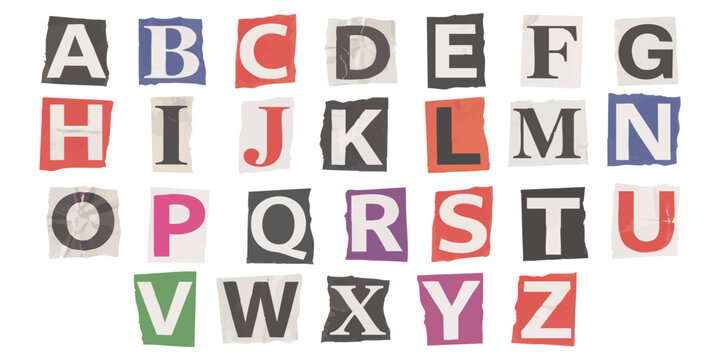 Full set of English alphabet letters cut from colorful magazines and newspapers to create ransom note style text
