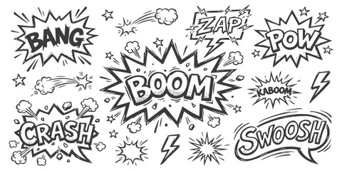 Set of comic book sound effects with speech bubbles and explosive action words like boom bang pow and crash © ZenVectors