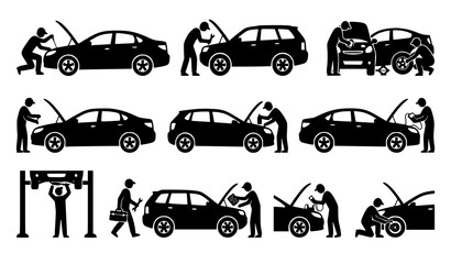 Fototapeta premium Automotive Mechanic Repair Silhouette Vector Icon Set
