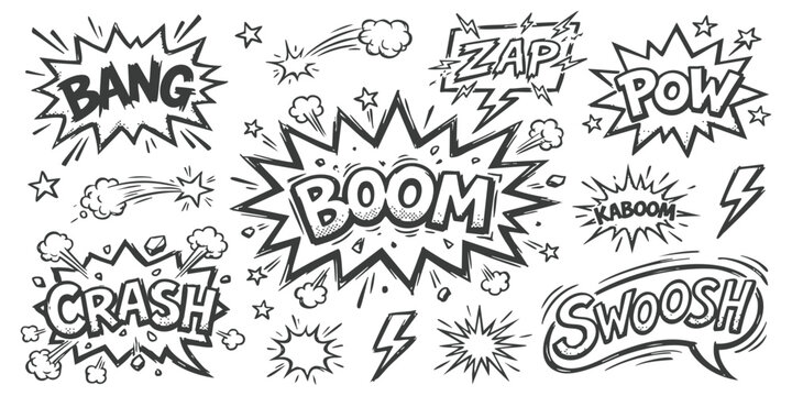 Set of comic book sound effects with speech bubbles and explosive action words like boom bang pow and crash