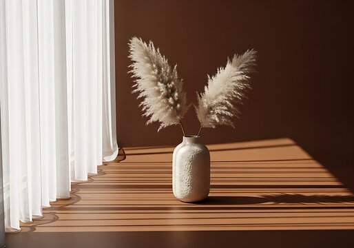 A minimalist interior scene featuring a textured white ceramic vase holding delicate feathery pampas grass ns