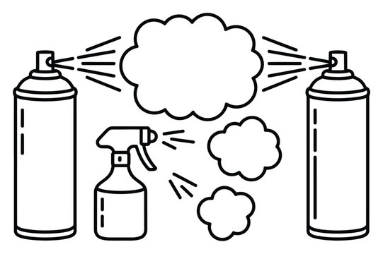 Ilustraci&oacute;n lineal en blanco y negro de varios aerosoles y botellas