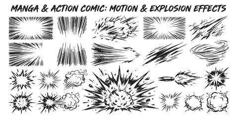 Set of black and white manga comic book action speed lines and explosion effects for dynamic graphic design © ZenVectors