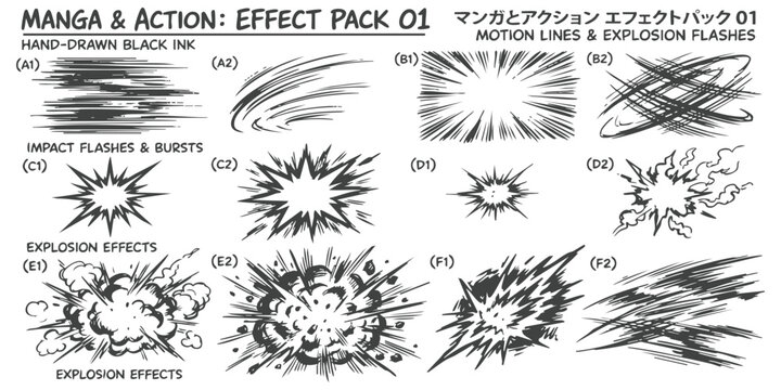 Set of hand drawn manga action effect lines and comic book explosion flashes for dynamic graphic design work