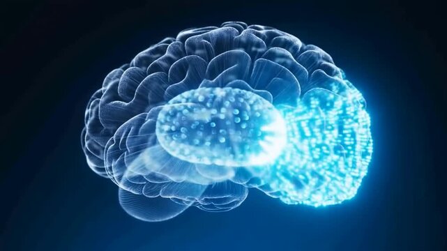 Slow motion tracking pan tilt of human brain glowing and streaming data inside holographic medical digital interface