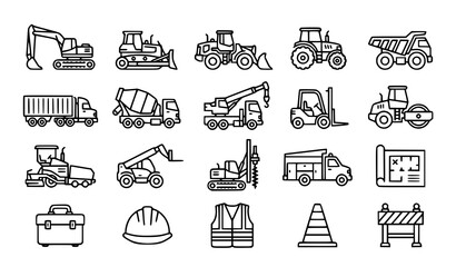 Editable construction machinery vector icon bundle with trucks tractors bulldozers and loaders © MdRabbi