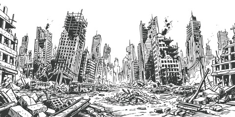 Naklejka premium Black and white hand drawn sketch of a ruined city with destroyed buildings and debris in the street