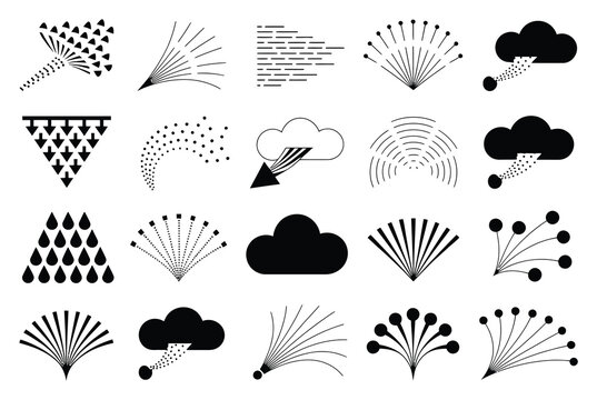 Colecci&oacute;n de iconos meteorol&oacute;gicos junto con aerosoles y nubes en blanco y negro