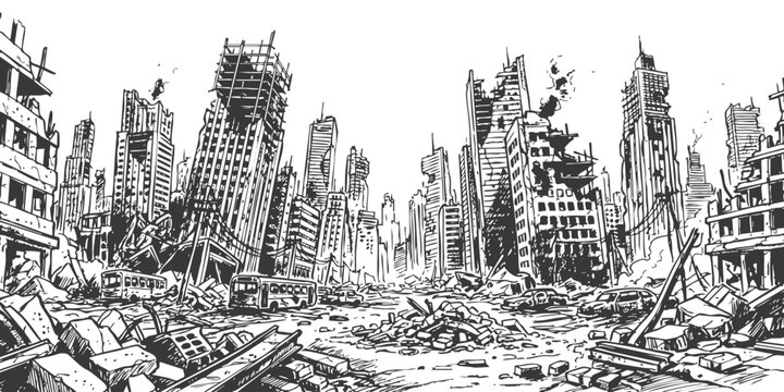 Black and white hand drawn sketch of a ruined city with destroyed buildings and debris in the street