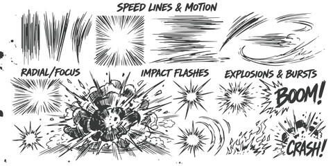 Set of black and white comic book speed lines radial focus impact flashes and explosion burst graphic effects © ZenVectors