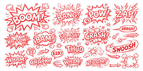 Set of colorful comic book speech bubbles with sound effects like boom bang pow zap crash and zoom for design © ZenVectors