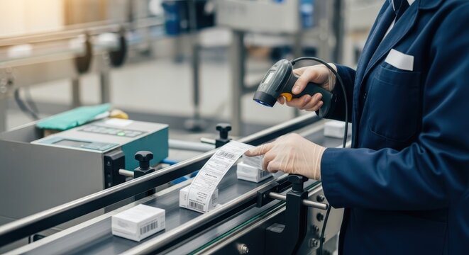 Quality inspector using scanner on labeling machine for product inspection on a manufacturing conveyor belt
