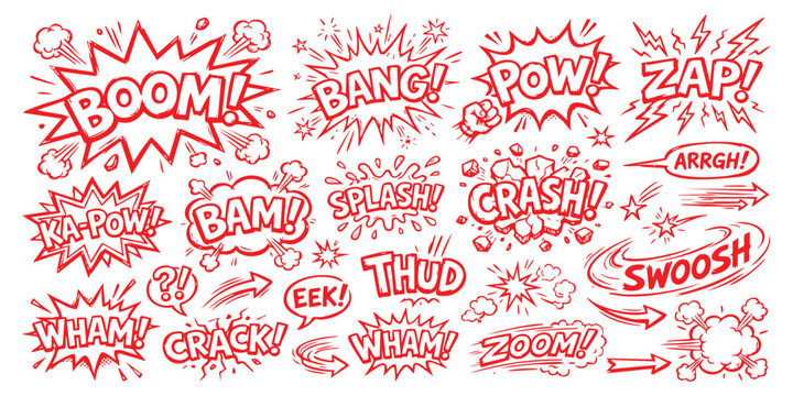 Set of colorful comic book speech bubbles with sound effects like boom bang pow zap crash and zoom for design