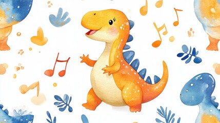 Naklejka premium baby dinosaur seamless pattern with music notes, watercolor painting, white background