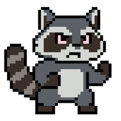 Fototapeta premium Cute angry raccoon character fighting pose pixel art 8 bit