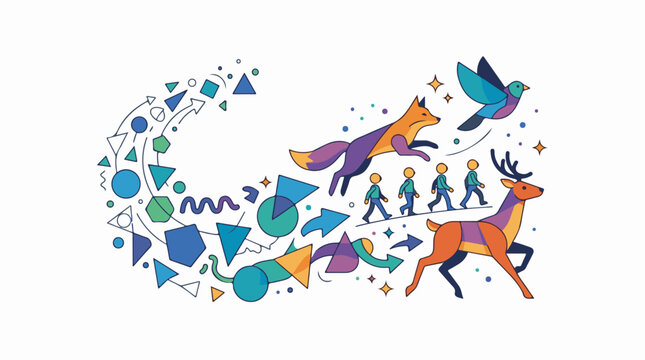 Whimsical journey of animals and people with abstract shapes