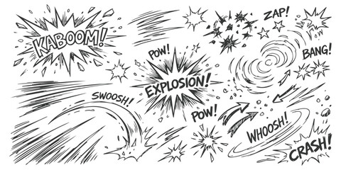Set of hand drawn comic book explosion sound effects and action speed lines for graphic design and illustration © ZenVectors