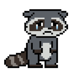 Fototapeta premium Cute crying raccoon character sad expression pixel art game asset or emoji sticker