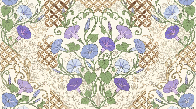 Elegant contemporary Indonesian batik pattern featuring stylized Morning Glory flowers (Ipomoea) as the main motif, graceful trumpet-shaped blossoms in soft blue, lavender, white and violet tones, ele