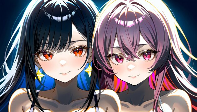 Close-up anime illustration of two beautiful young women with colorful hair and glowing eyes.