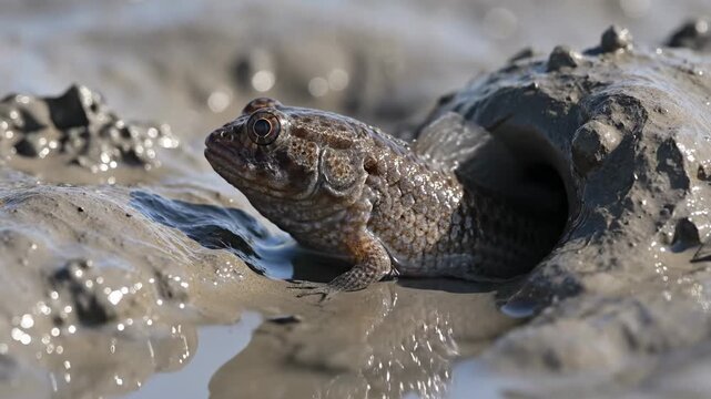 A small mudskipper fish rests near the opening of its burrow within the wet coastal sediment while remaining alert to movements occurring in the surrounding natural environment during the sunny