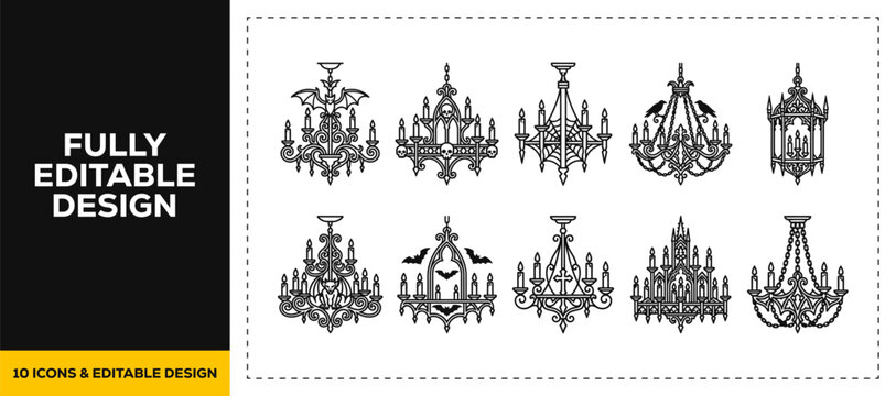 flat vector illustration line art icon bundle set design focusing on elegant crystal chandeliers vintage ceiling lamps luxury interior lightings and decorative graphic