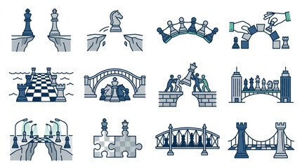 Collection of bridge and chess illustrations representing strategy and connection. © Kadal