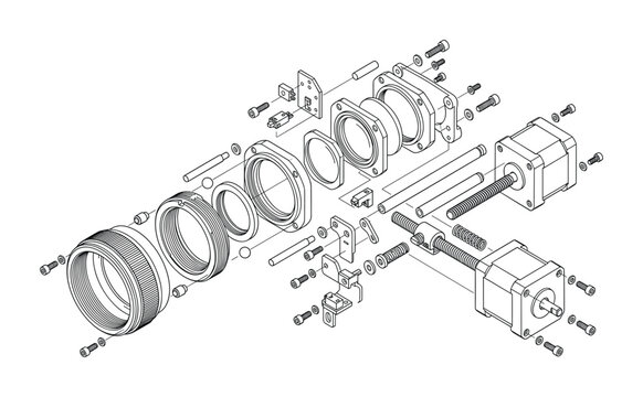 Mechanical exploded view of motorized assembly and precision components