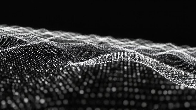 White and silver glowing particles flowing in wave motion, minimalist futuristic seamless loop