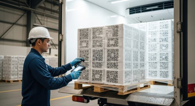 Warehouse worker scanning QR codes on stacked packages on a pallet inside a delivery truck