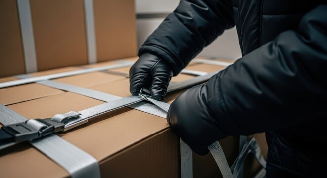 Worker in black gloves tightens strap on cardboard package for secure shipping and delivery
